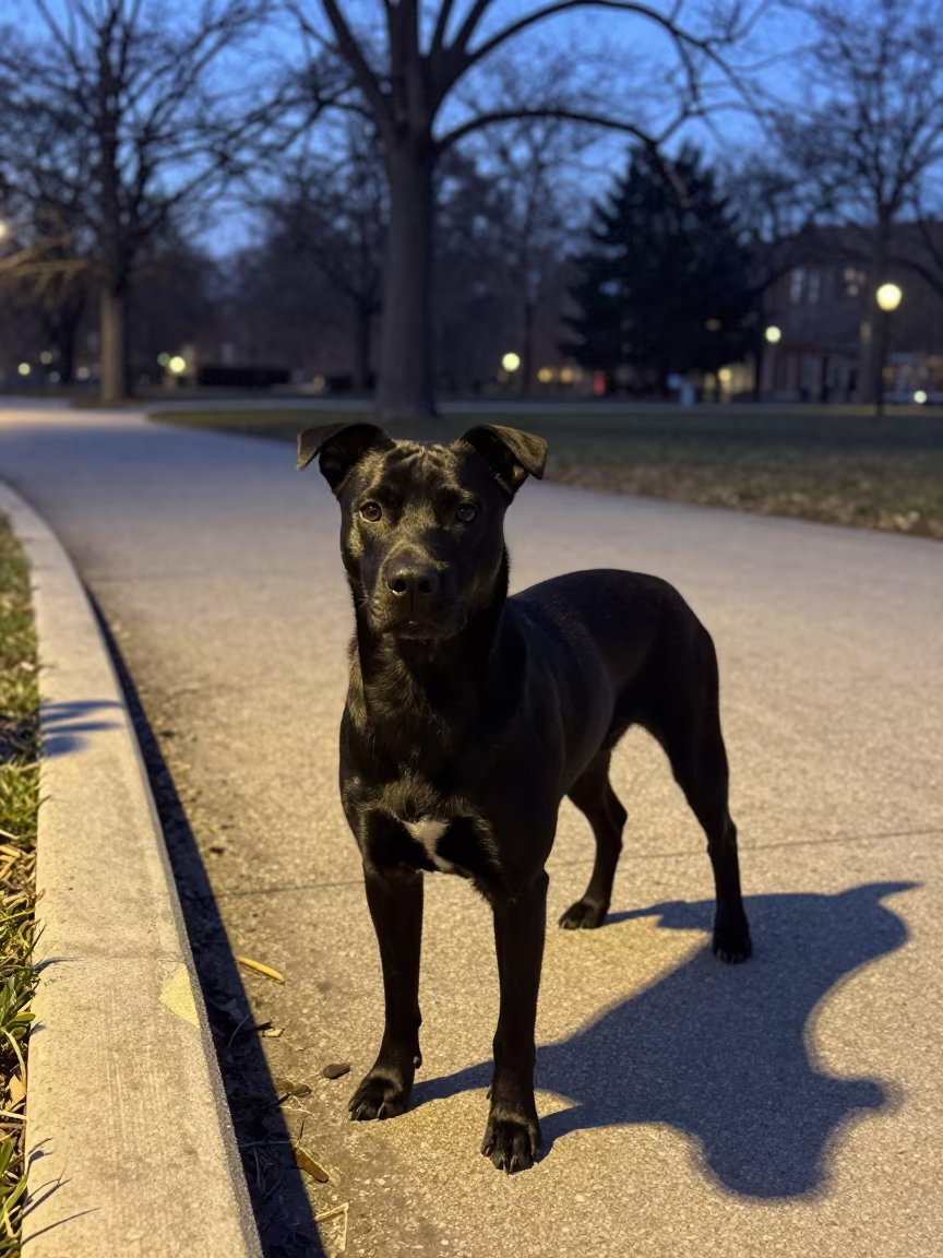 Black Russian Terrier in Winter Park Blue Hour in along a quiet park path with soft open shade and a clean background in Jaramana