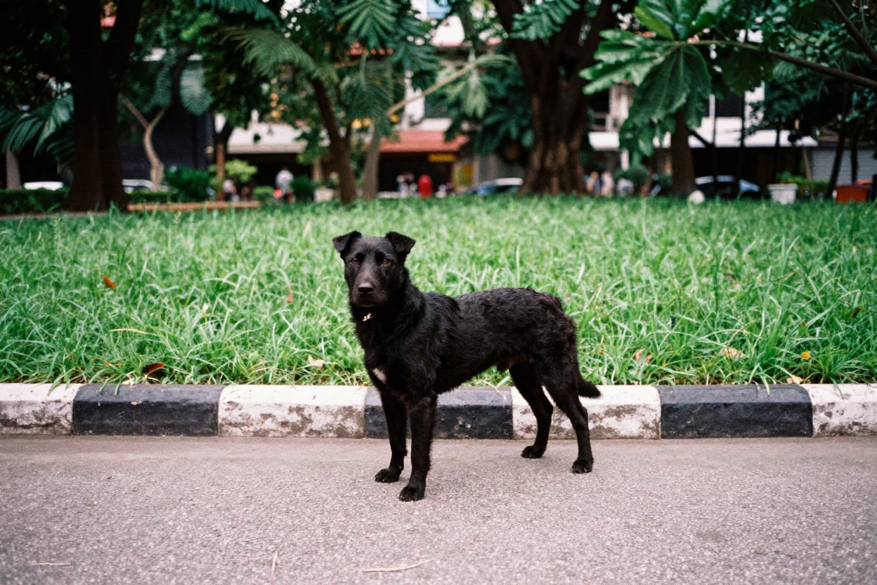Black Russian Terrier on Cholon Park Path in in a small yard with clipped grass, calm light, and the animal centered in frame in Cholon, Ho Chi Minh City