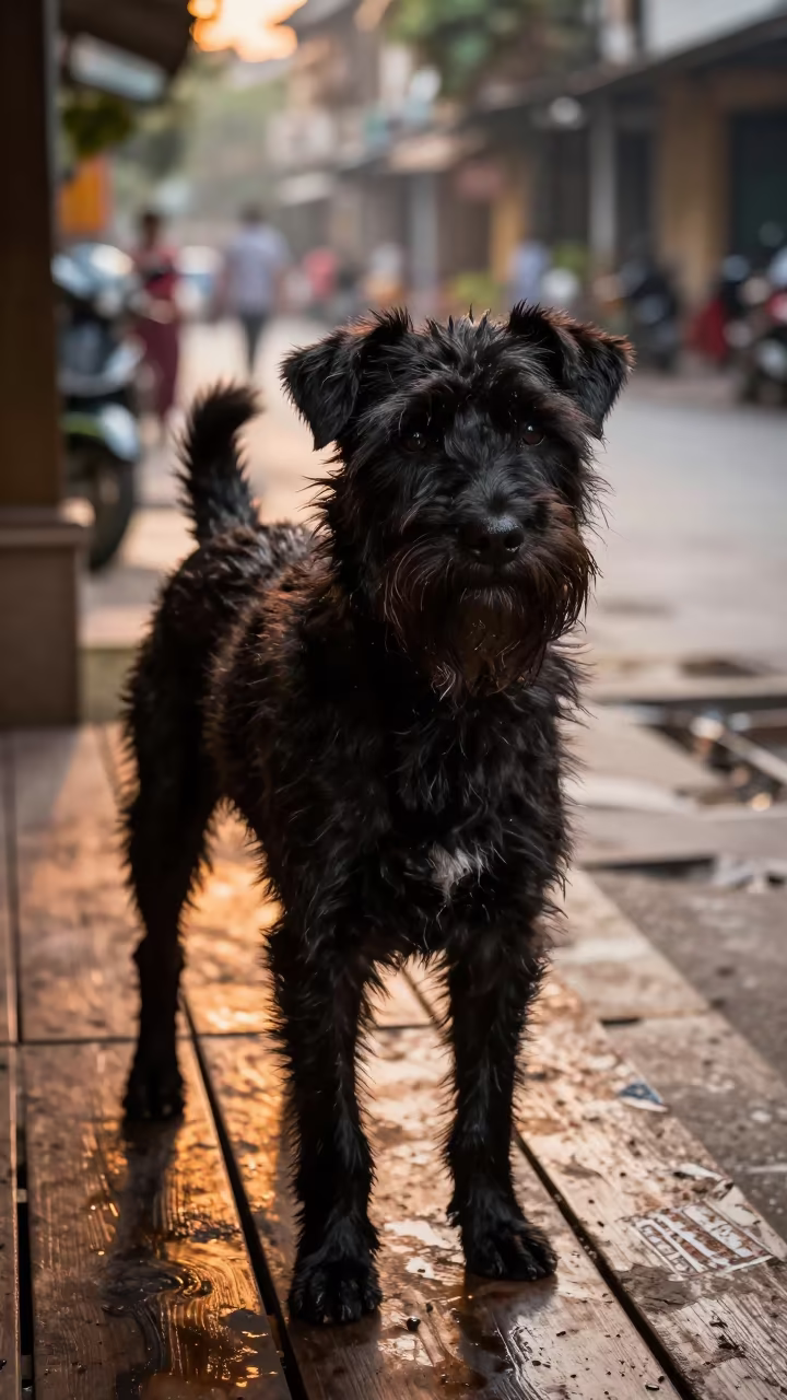 Black Russian Terrier on Hanoi Porch in on a shaded front porch with boards, railings, and eye-level framing in Dong Xuan, Hanoi