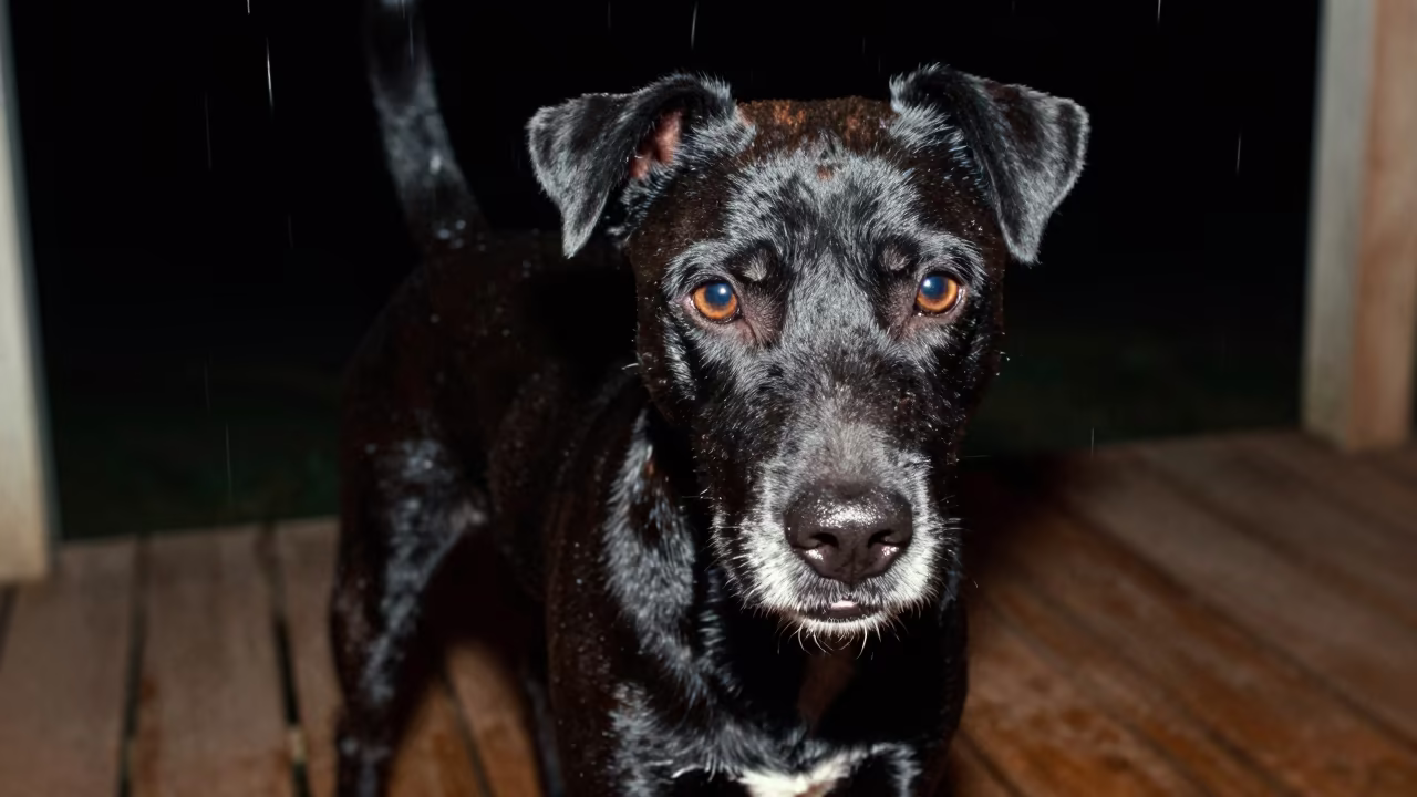 Black Russian Terrier on Luanshya Porch at Night in on a shaded front porch with boards, railings, and eye-level framing in Luanshya