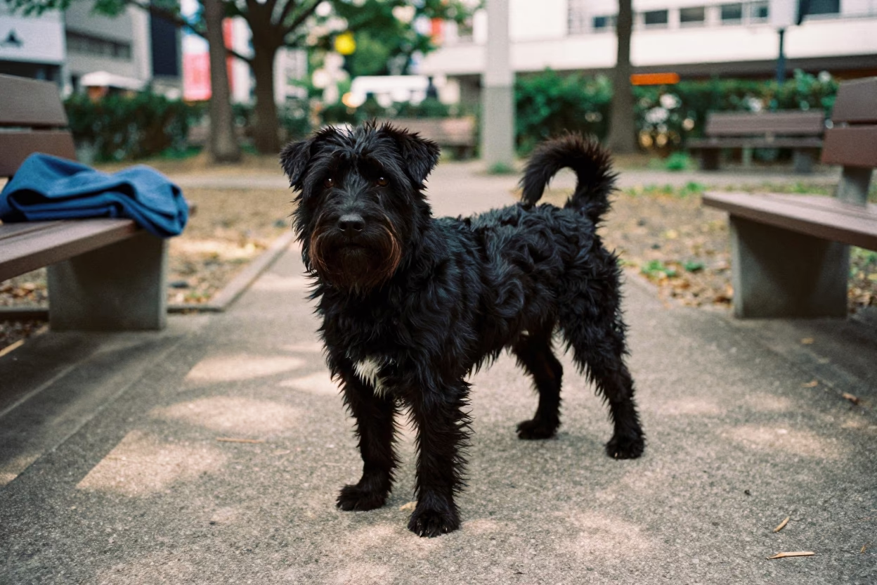 Black Russian Terrier on Shinsekai Park Path in along a quiet park path with soft open shade and a clean background in Shinsekai, Osaka