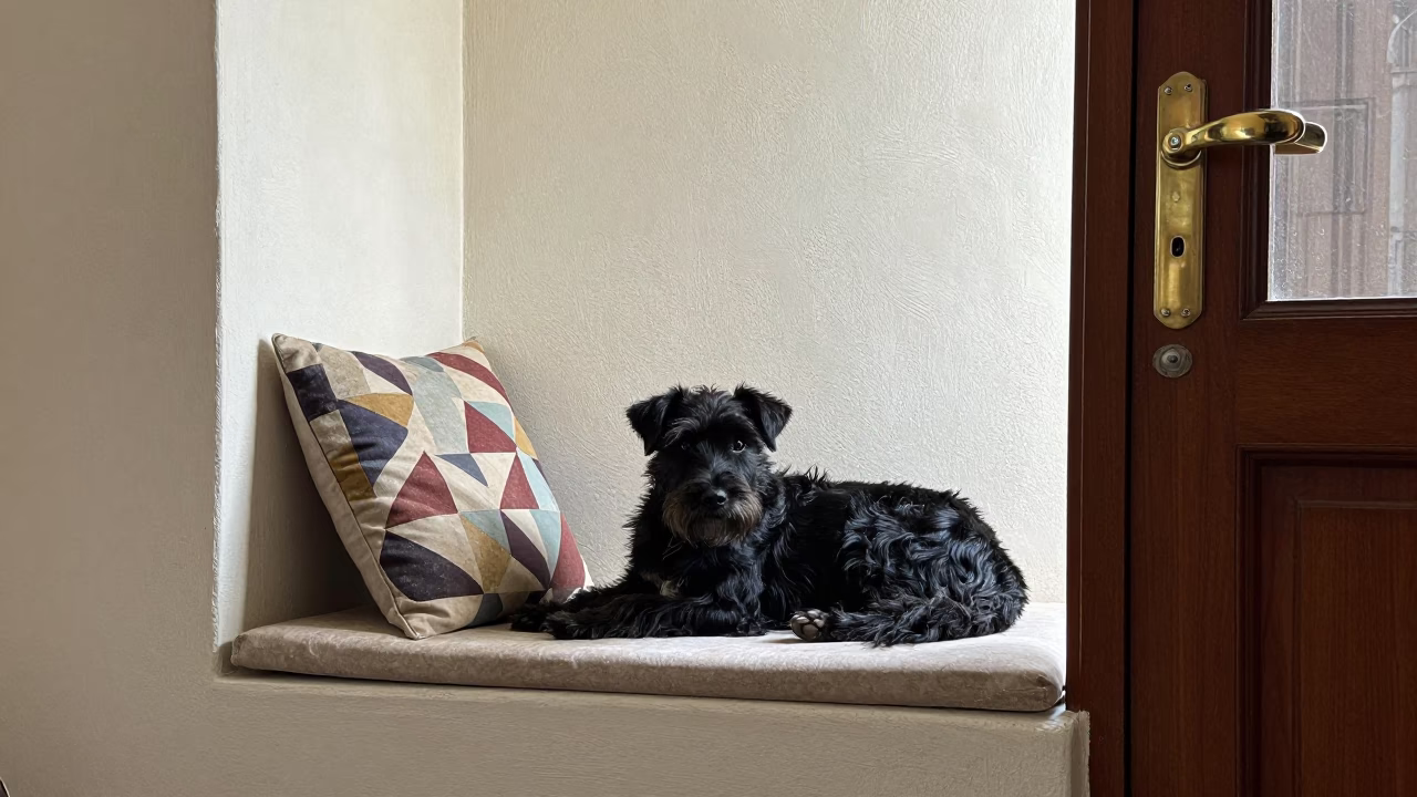 Black Russian Terrier on Window Seat in Bhopal in on a window seat in a quiet apartment with soft side light in Bhopal
