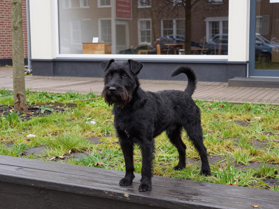 Black Russian Terrier Portrait in Early Spring Yard in in a small yard with clipped grass, calm light, and the animal centered in frame near Groningen