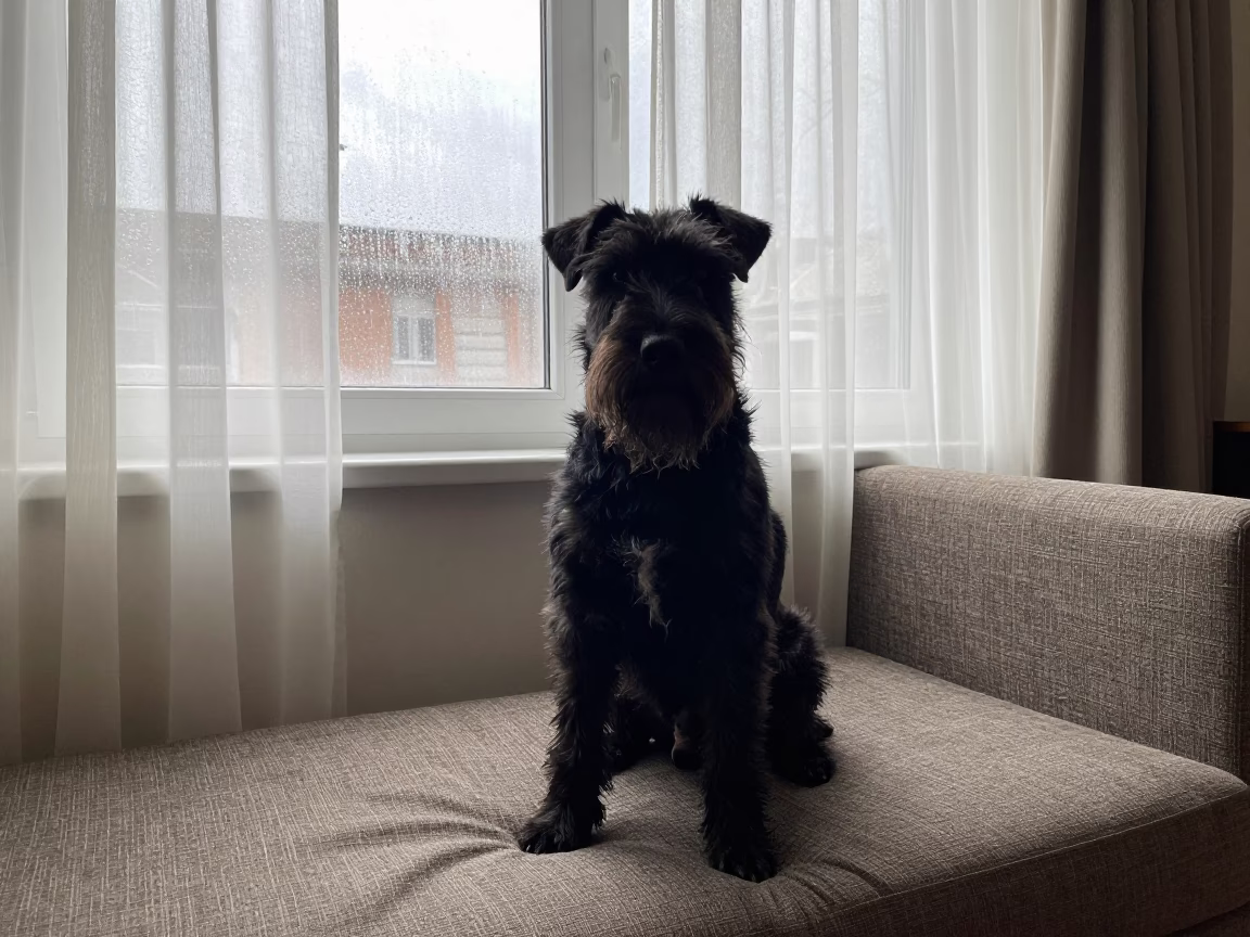 Black Russian Terrier Portrait on Sofa in Ica in on a sofa near a curtained window with calm indoor light in Ica