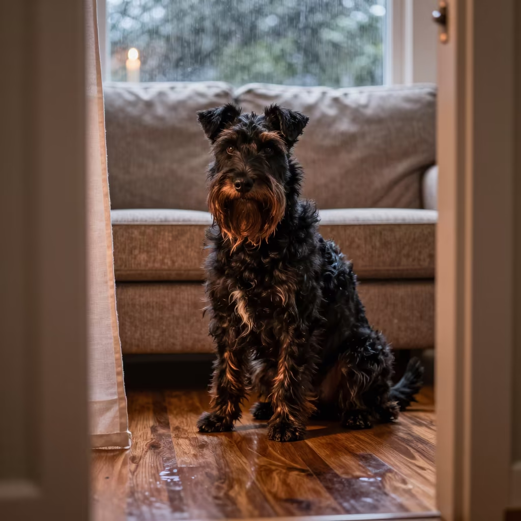 Black Russian Terrier Portrait on Sofa Near Window in on a sofa near a curtained window with calm indoor light near Nellore