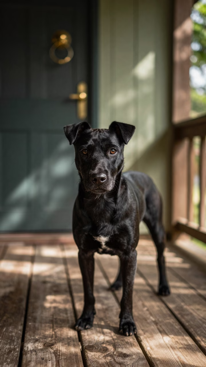 Black Russian Terrier Portrait on Tanga Porch in on a shaded front porch with boards, railings, and eye-level framing in Tanga