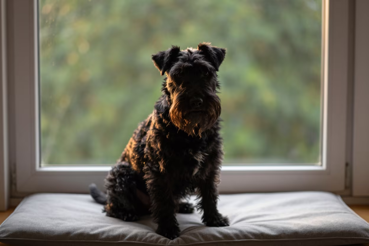 Black Russian Terrier Portrait on Window Seat in on a cushioned window seat with soft side light and an uncluttered background near Oshodi, Lagos