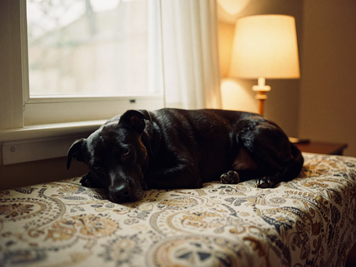 Black Russian Terrier Resting on Bedspread Near Window in on a bedspread near a bright window with calm indoor light near Jalingo