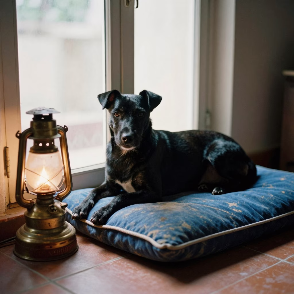 Black Russian Terrier Resting on Jaipur Window Seat in on a window seat in a quiet apartment with soft side light in Jaipur
