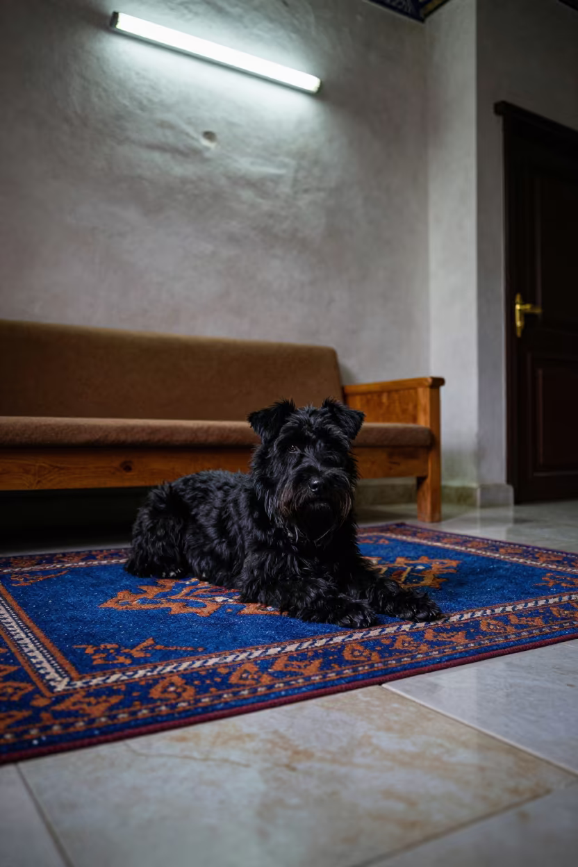 Black Russian Terrier Resting on Rug in Samarkand Home in on a woven rug beside a low couch and an uncluttered wall in Samarkand