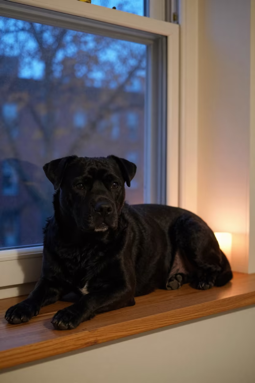 Black Russian Terrier Resting on Window Seat in on a window seat in a quiet apartment with soft side light in New York