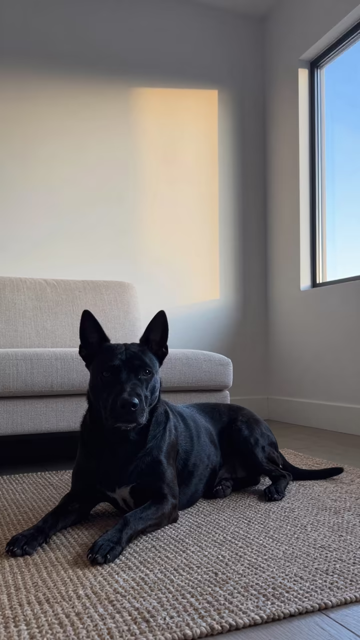 Black Russian Terrier Resting on Woven Rug at Dawn in on a woven rug beside a low couch and an uncluttered wall near Moab