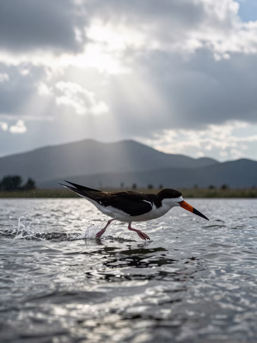 Black Skimmer Slicing Water Midmorning in in Burgundy