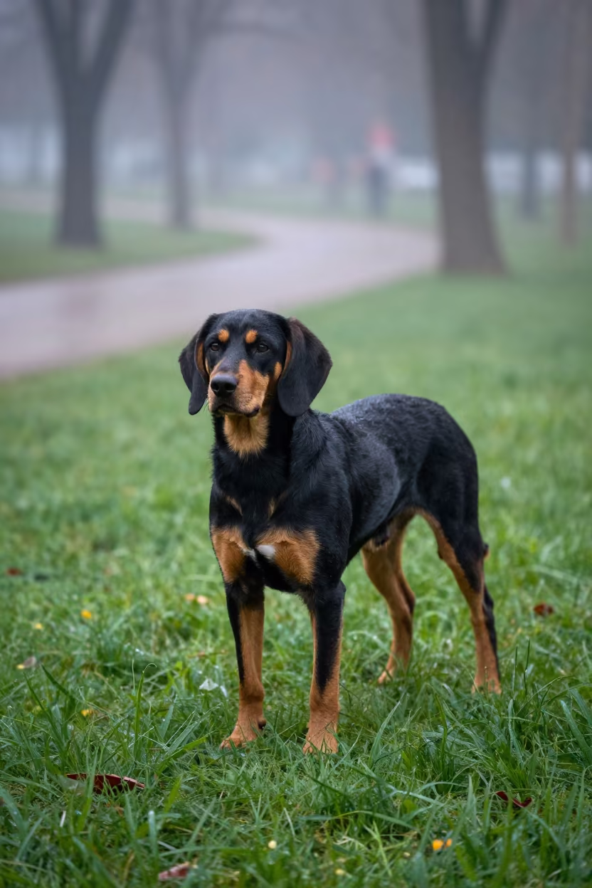 Black Tan Coonhound in Eskişehir Park Dawn in along a quiet park path with soft open shade and a clean background in Eskişehir
