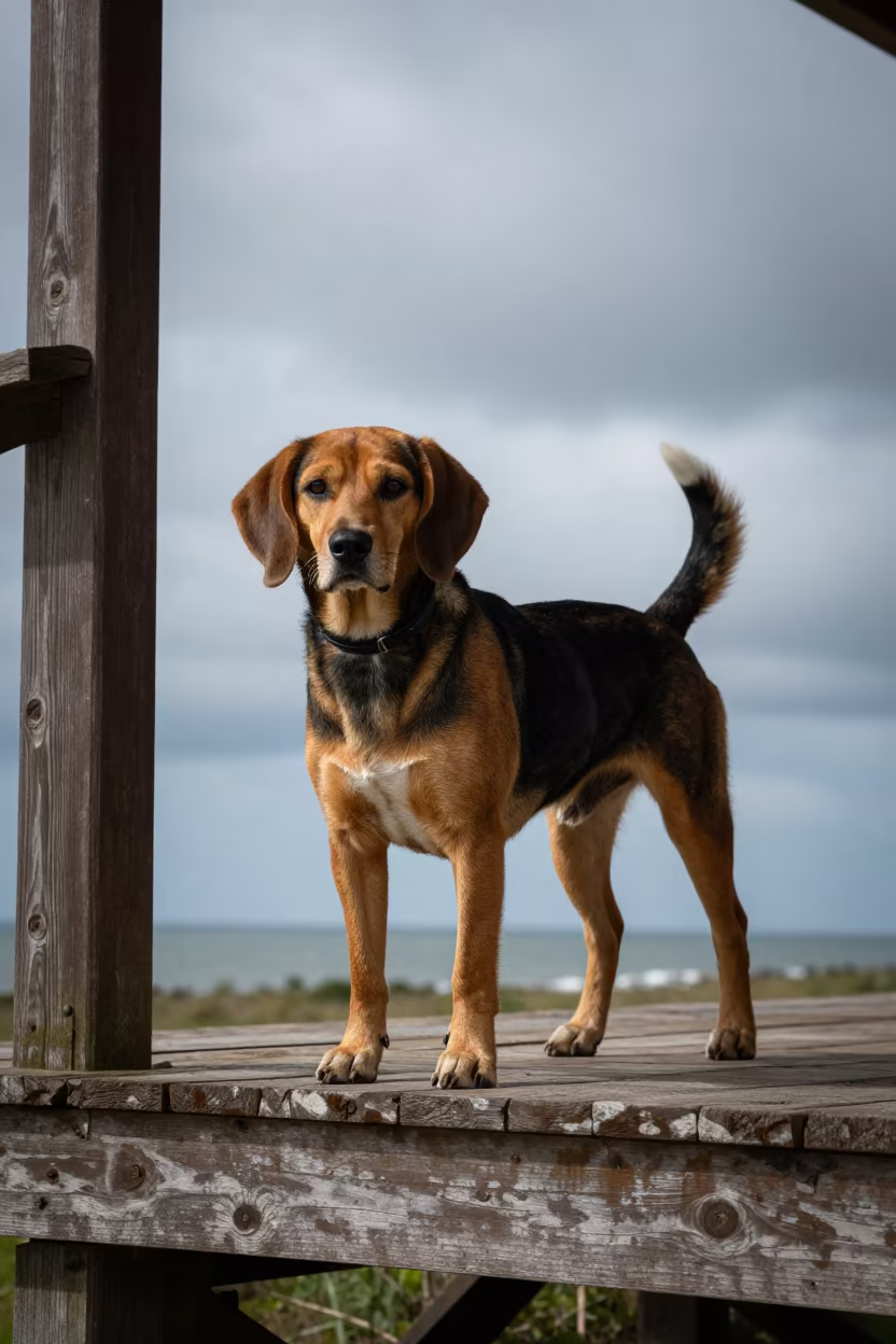 Black Tan Coonhound on Pingtung Porch in on a shaded front porch with boards, railings, and eye-level framing in Pingtung