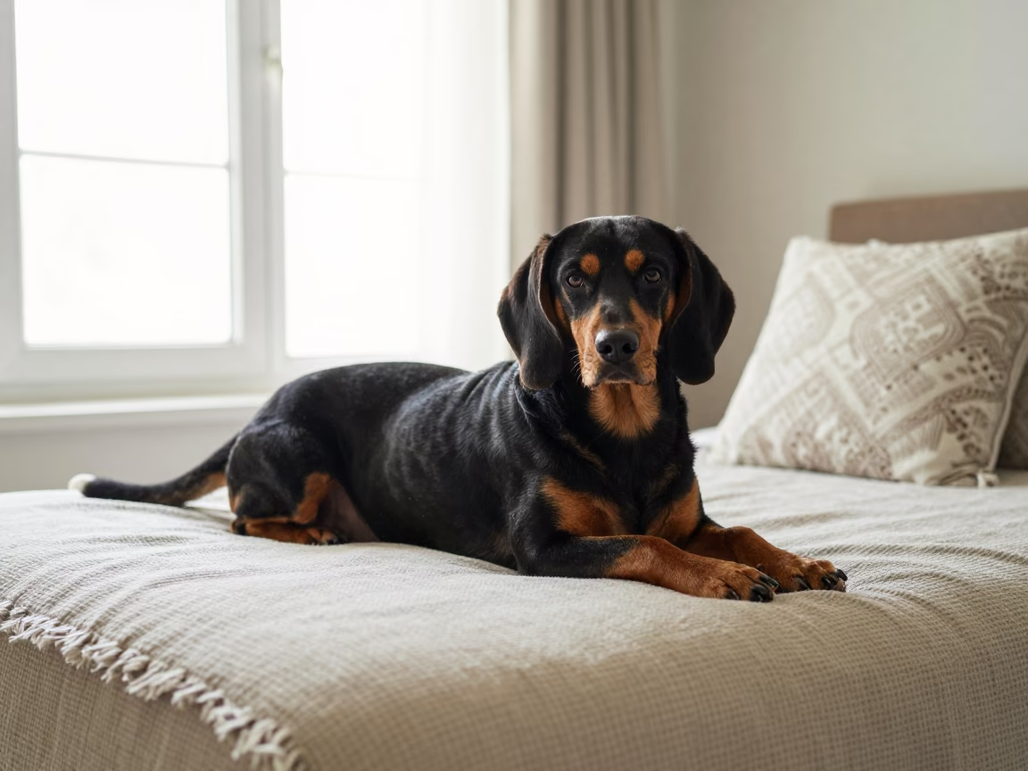 Black Tan Coonhound Resting on Bedspread Near Window in on a bedspread near a bright window with calm indoor light in Sharjah