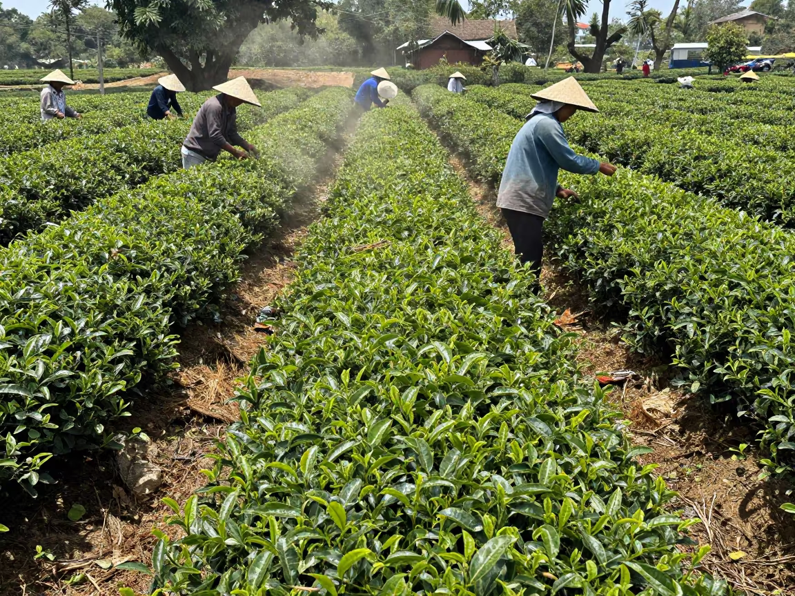 Black Tea Plantation Pickers Thao Dien Dry Season in along freshly irrigated rows in Thao Dien, Ho Chi Minh City