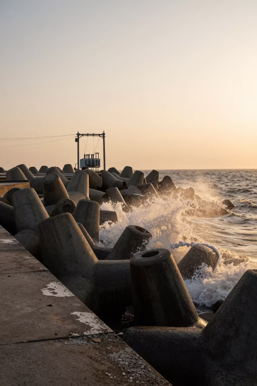 Black Tetrapods in Amber Winter Surf in along a levee path above floodwater in Zhejiang