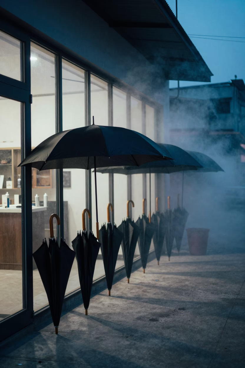 Black Umbrella Queue in Winter Showroom in inside a minimalist showroom in Nowshera