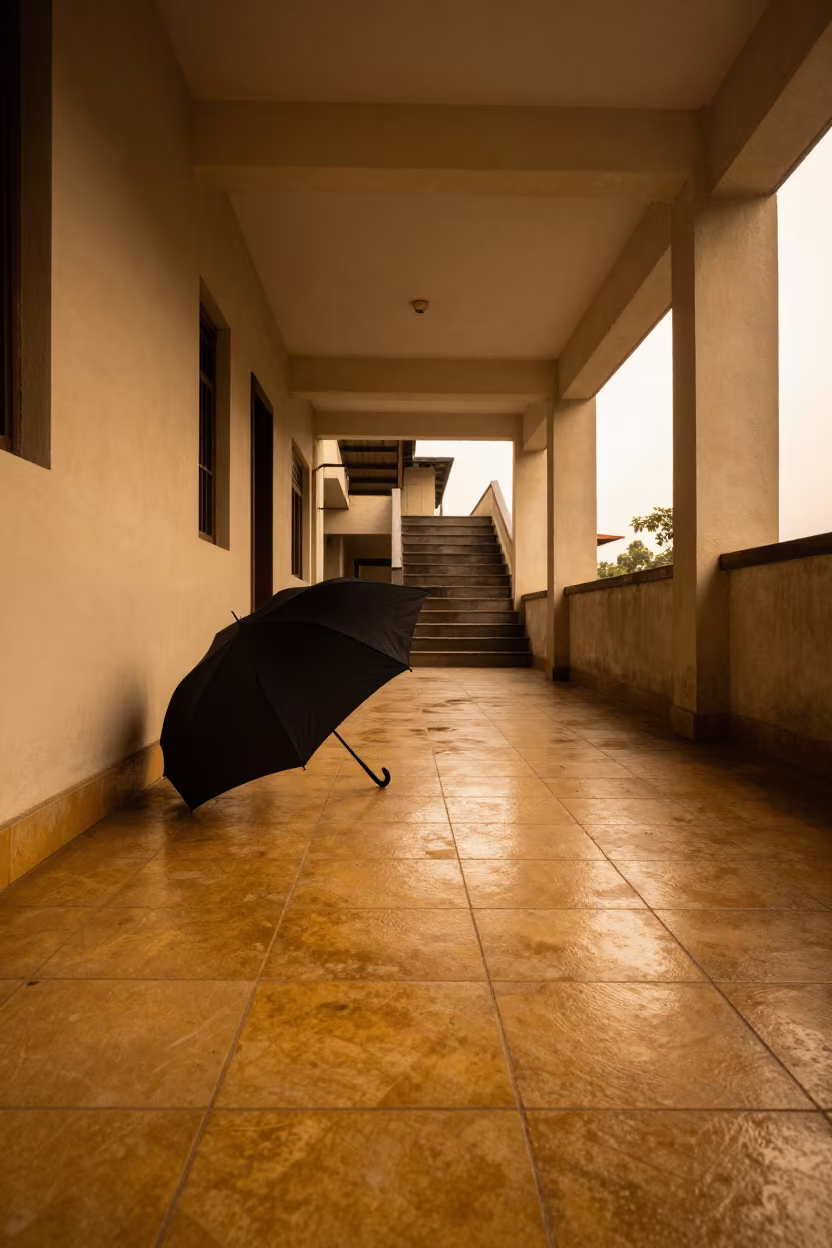 Black Umbrella Wet Yellow Pavement Evening in inside a tiled stair hall in Gujranwala