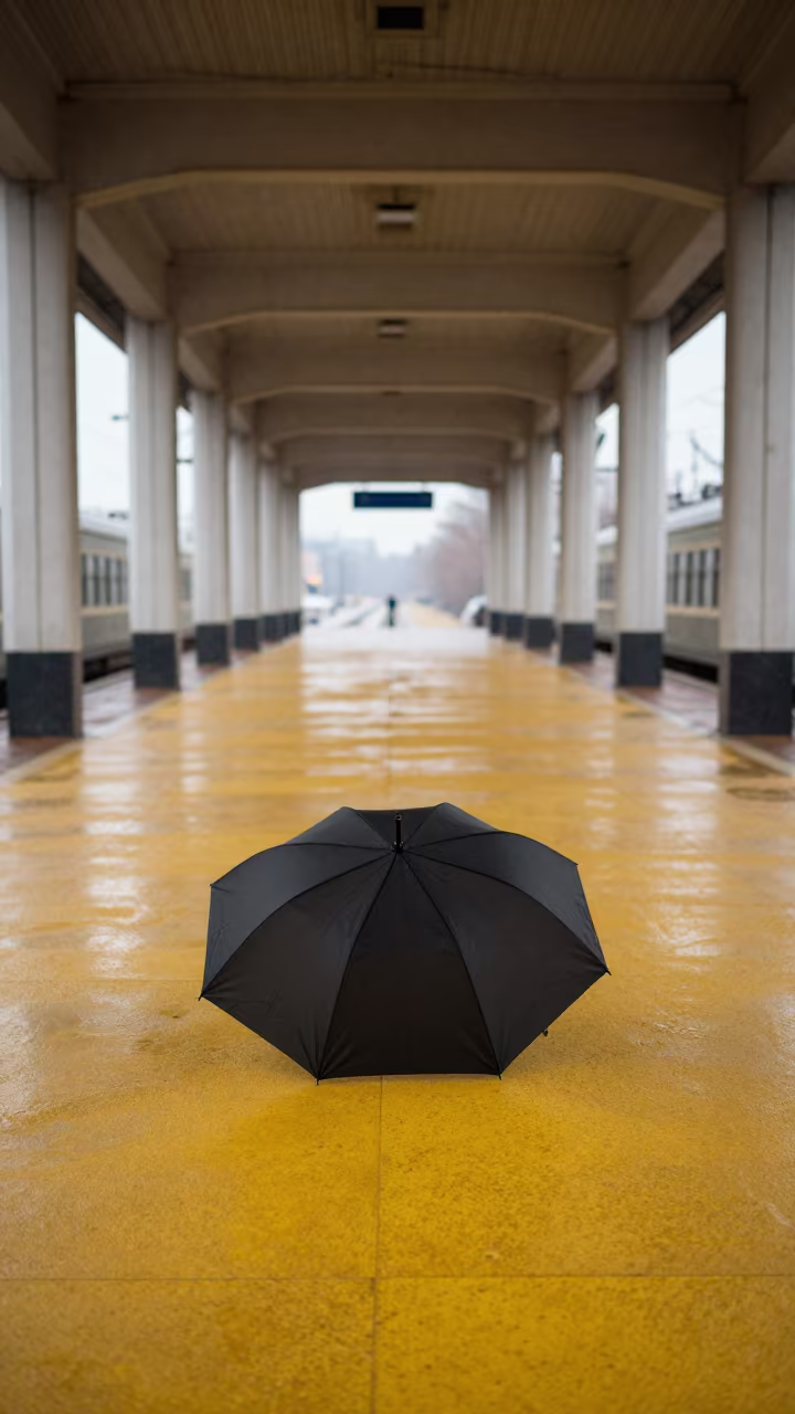 Black Umbrella on Wet Yellow Pavement in inside a restored train terminal in Samara