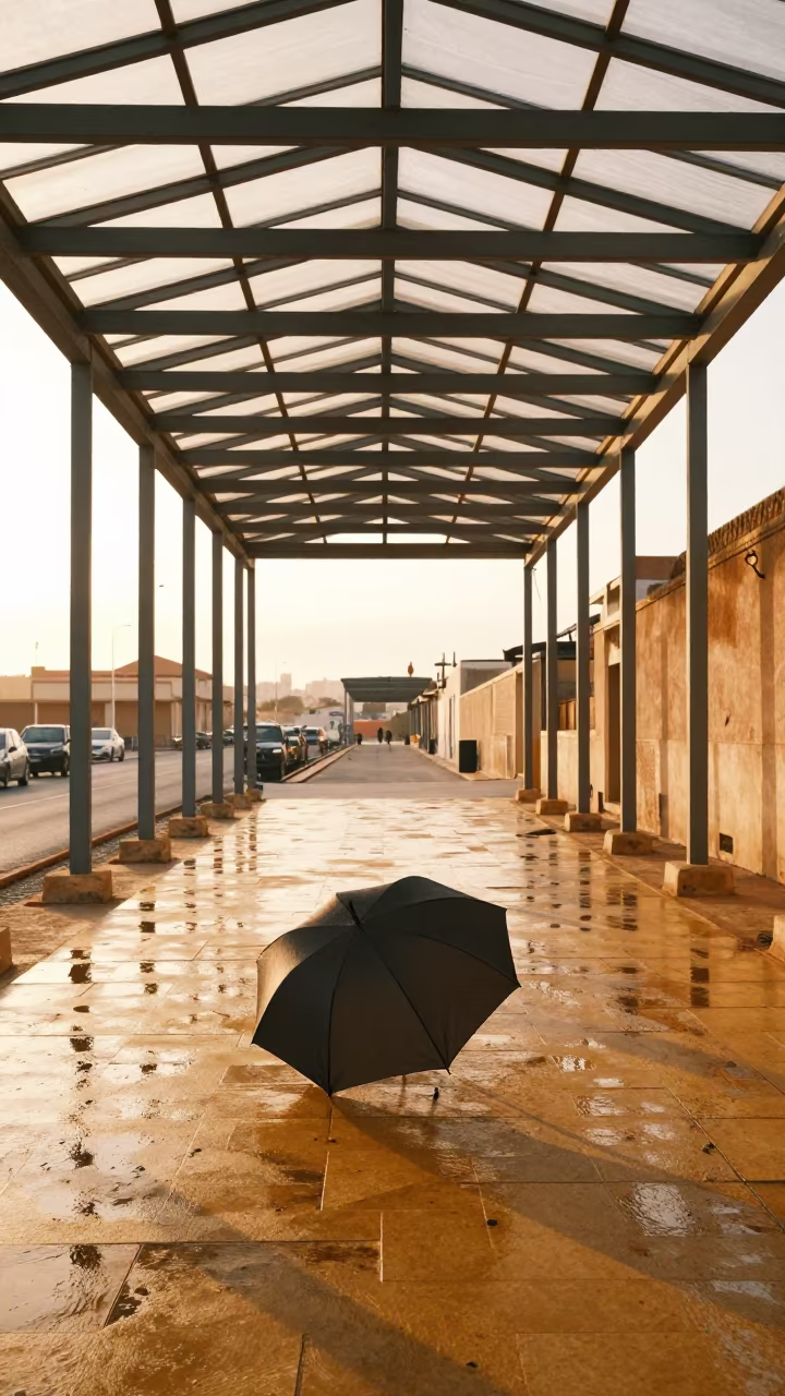 Black Umbrella on Yellow Pavement in Moroccan Arcade in inside a glass-roofed arcade in Mohammedia