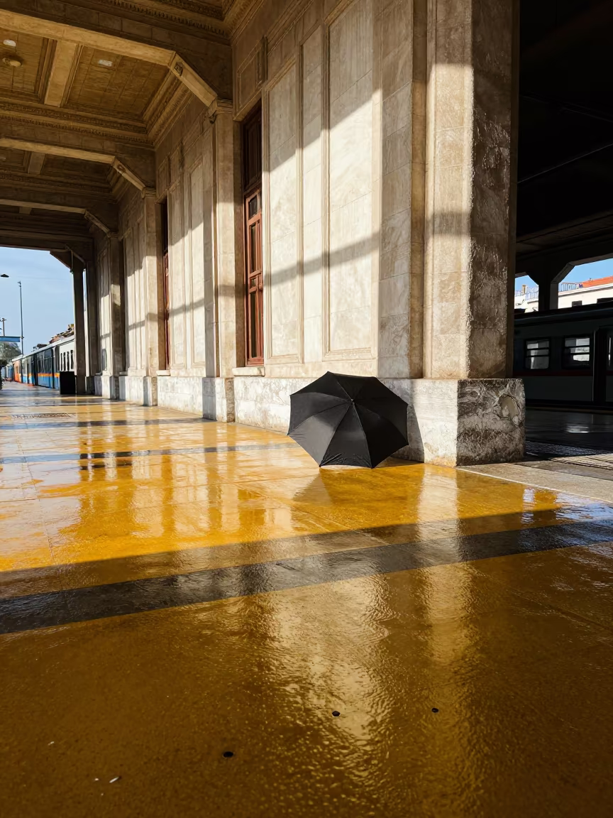 Black Umbrella on Yellow Pavement in inside a restored train terminal near Izmir