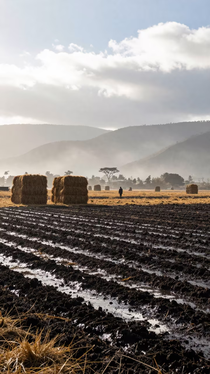 Black Wet Plowed Field Kenya Hay Bales in beside stacked hay bales in Kenya