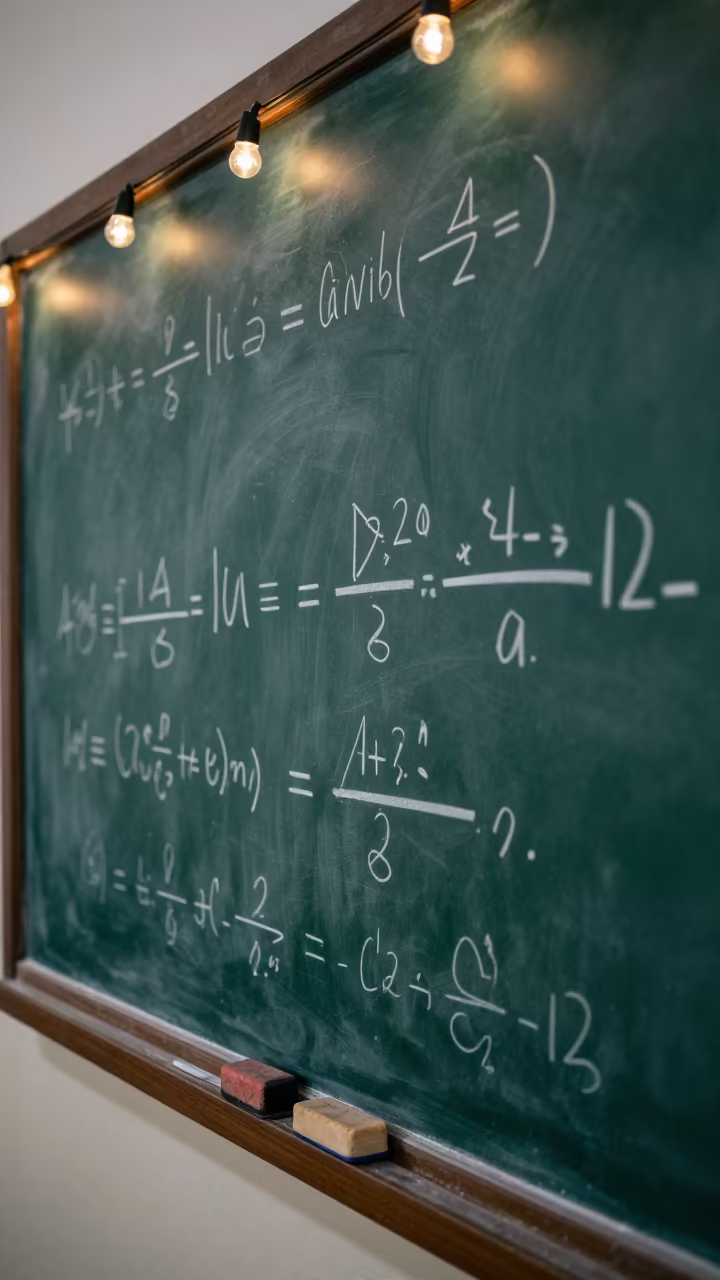 Blackboard Equations and String Lights in Classroom in inside a quiet classroom near Cúcuta