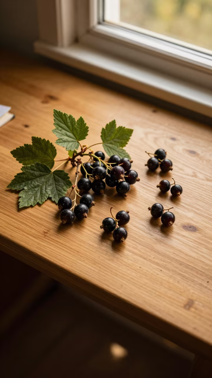 Blackcurrant Clusters on Desk at Golden Hour in on a writing desk in Preston