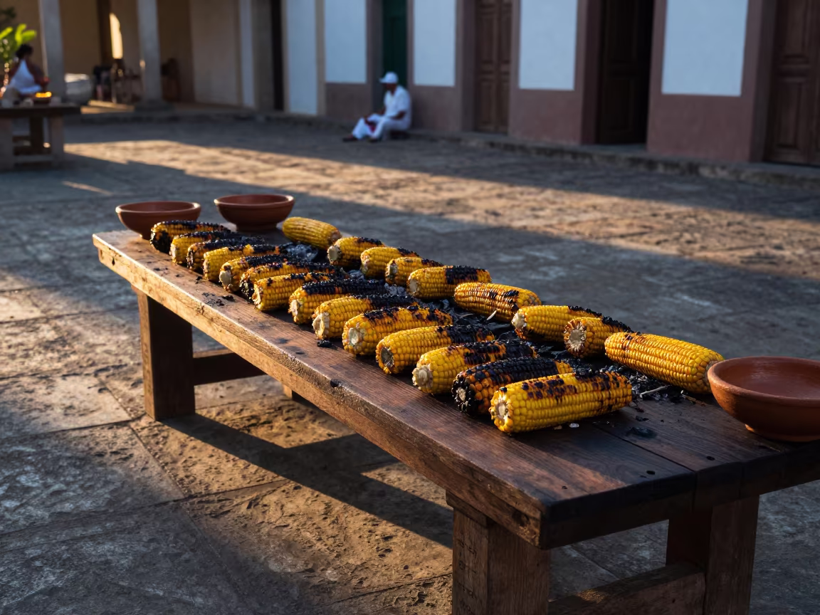 Blackened Corn Ears at Salvador Night Market in in a ceremonial hall in Salvador