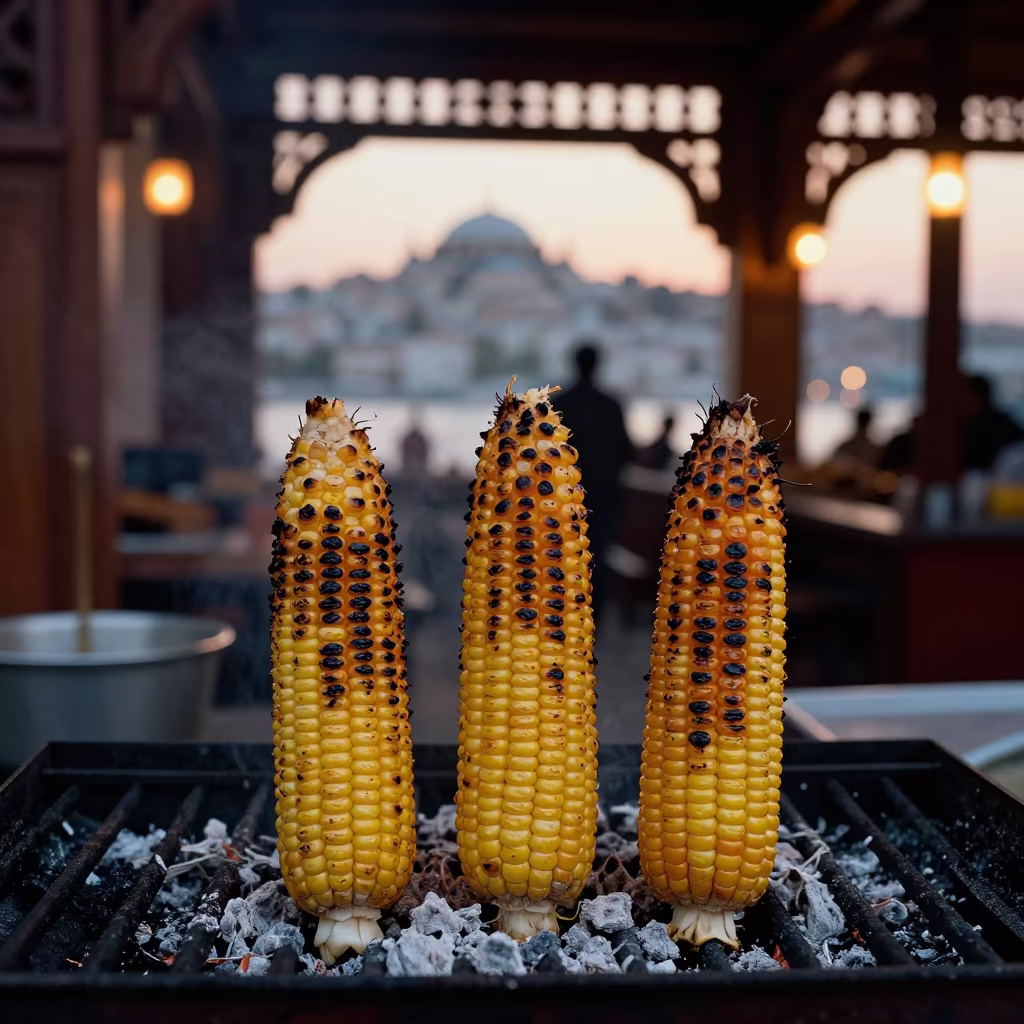 Blackened Corn Ears Silhouette Night Market in in a ceremonial hall near Karakoy, Istanbul