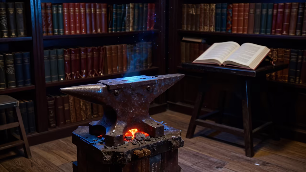 Blacksmith Anvil Glowing Coals Library Night in in a library reading room in Balat, Istanbul