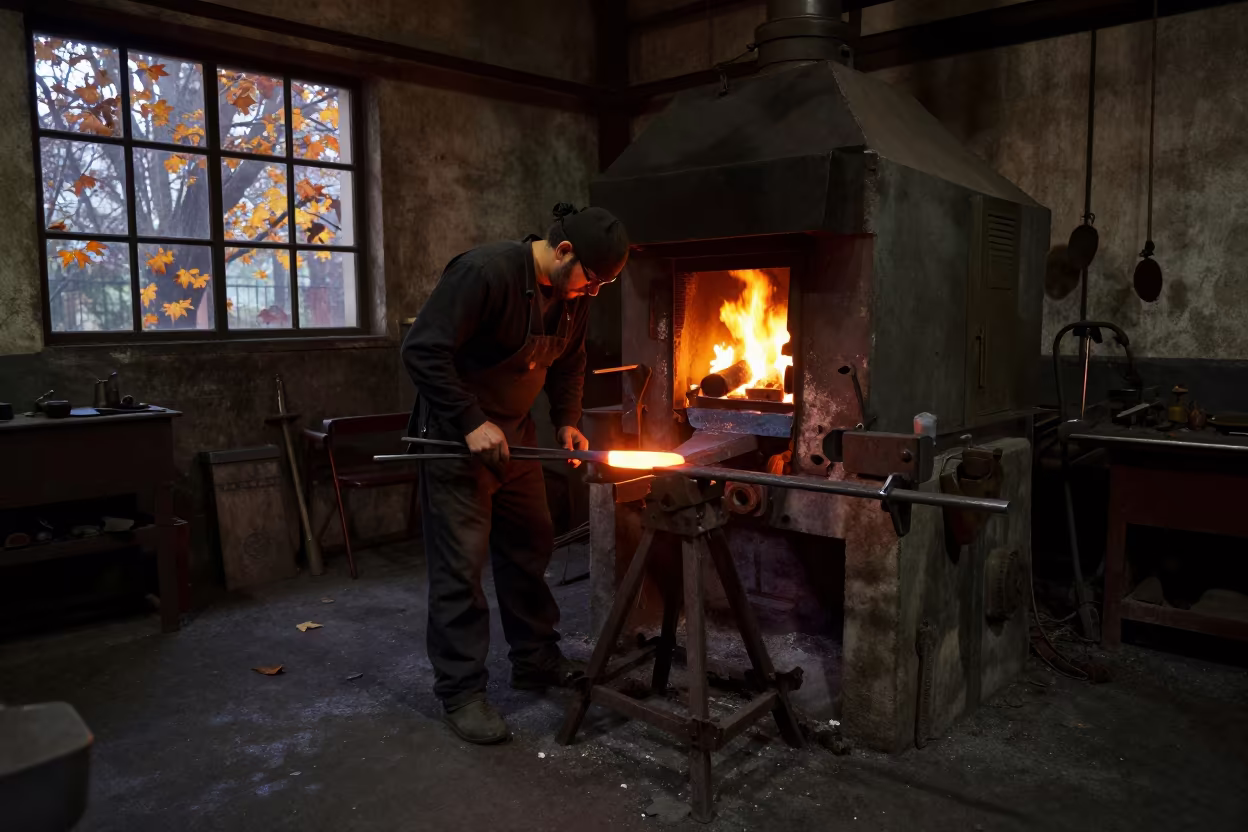 Blacksmith Drawing Steel in Asuncion Foundry Night in in a foundry in Asuncion