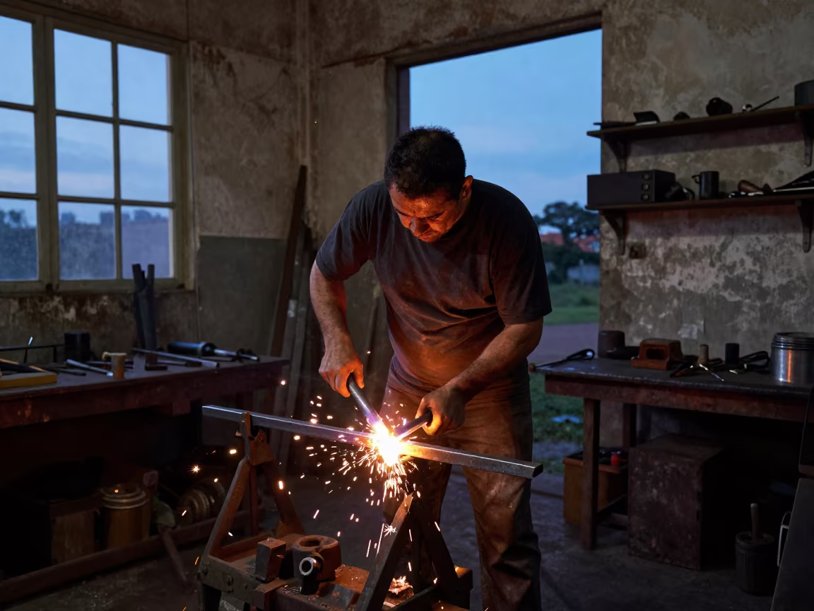 Blacksmith Drawing Steel in Curitiba Twilight in in a studio in Curitiba