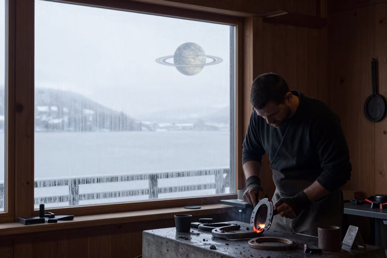 Blacksmith Forges Horseshoe in Bryggen Winter in in a rehearsal room in Bryggen, Bergen
