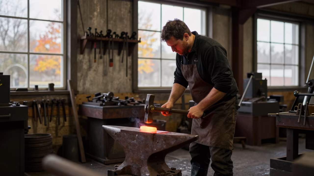 Blacksmith Forging Glowing Metal in Brampton Foundry in in a foundry in Brampton