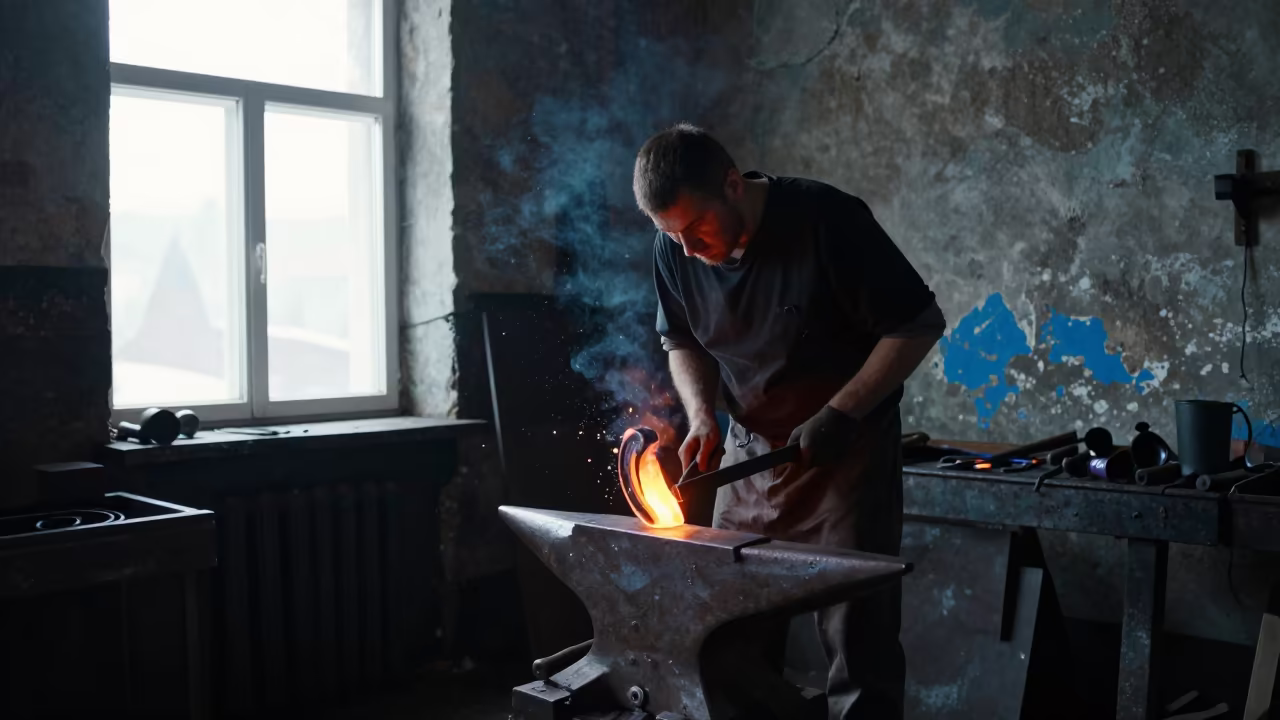 Blacksmith Forging Horseshoe in Kramatorsk Foundry in in a foundry in Kramatorsk