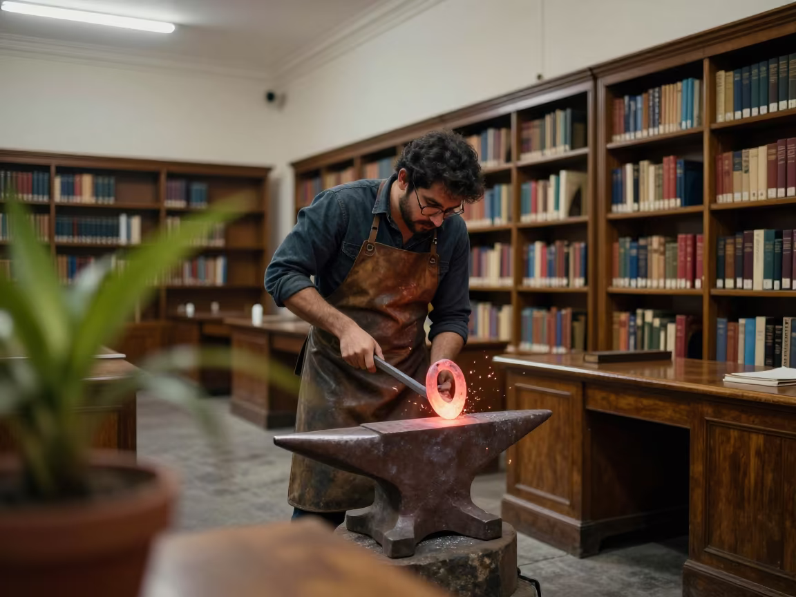 Blacksmith Forging Horseshoe in Mexico City Library in in a library reading room in Mexico City