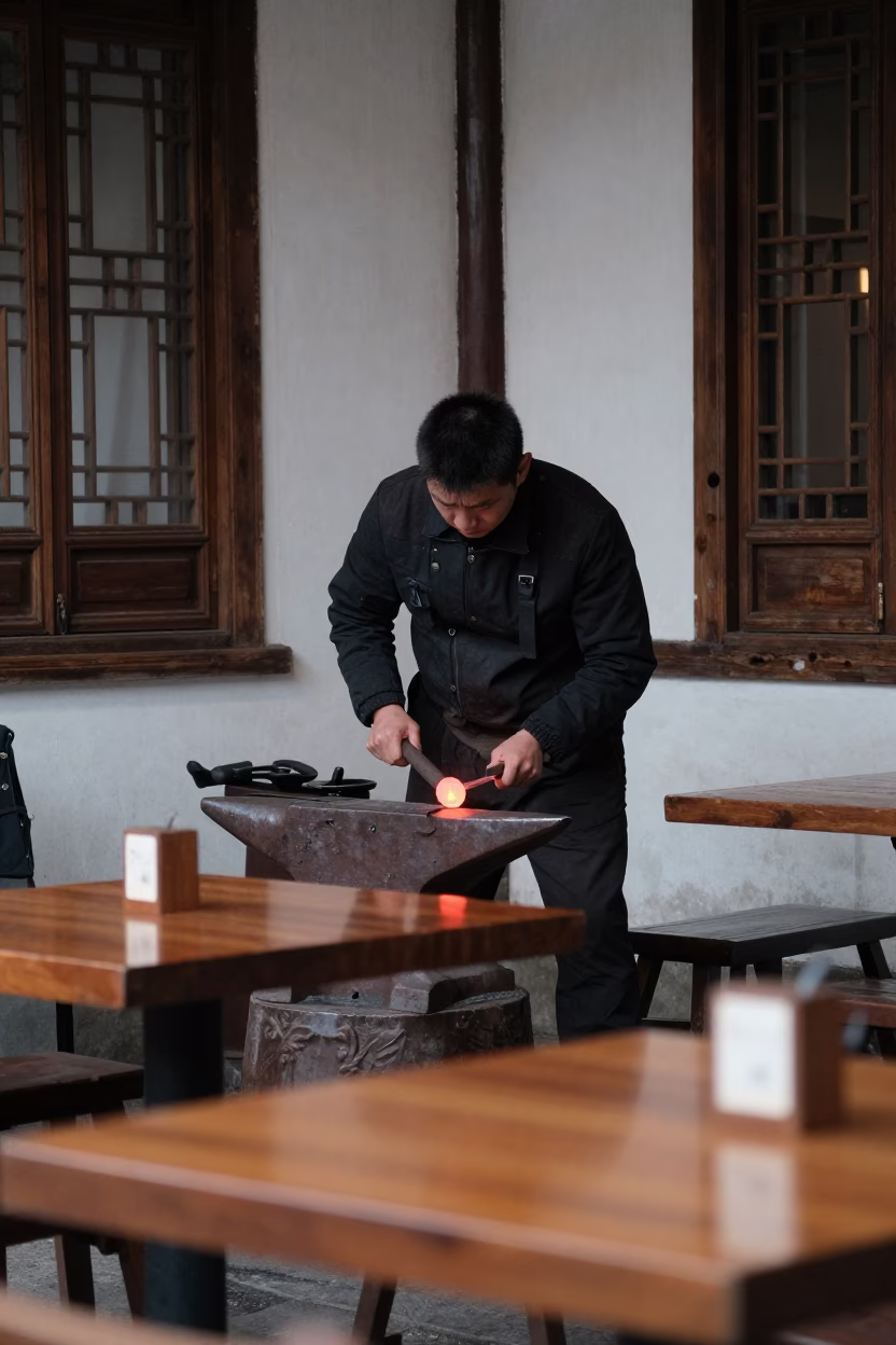 Blacksmith Forging Horseshoe in Suzhou Cafe in in a cafe in Suzhou