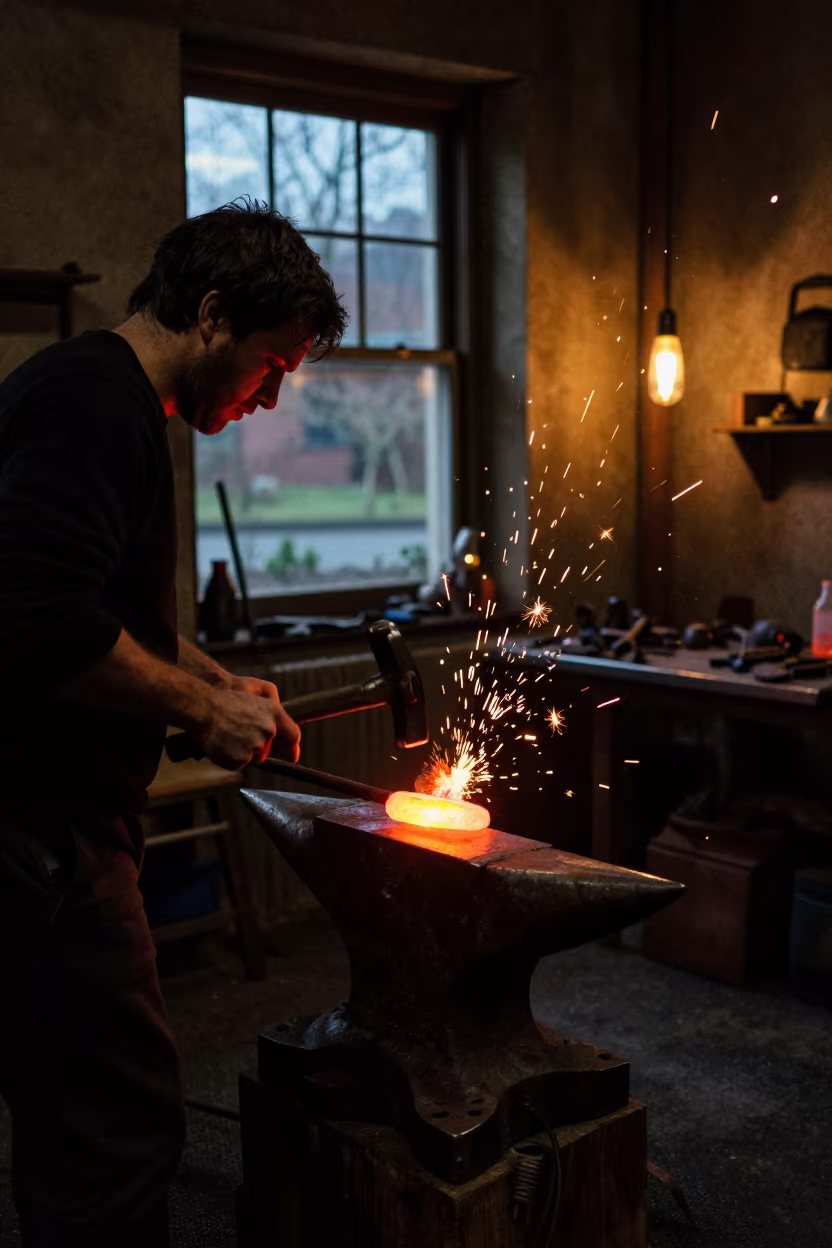 Blacksmith Forging Red Metal in St Johns Studio in in a studio in St Johns