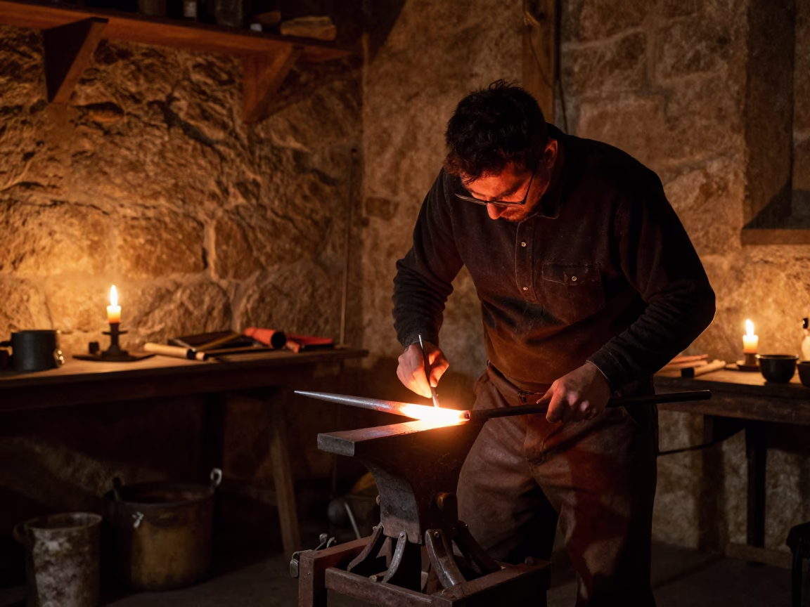Blacksmith Forging Steel in Norbulingka Night in in a rehearsal room in Norbulingka, Lhasa