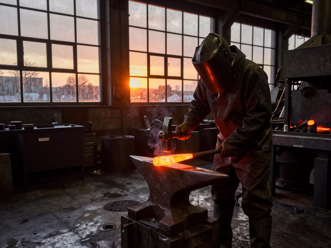 Blacksmith Hammering Glowing Metal in Kitchener Foundry in in a foundry in Kitchener