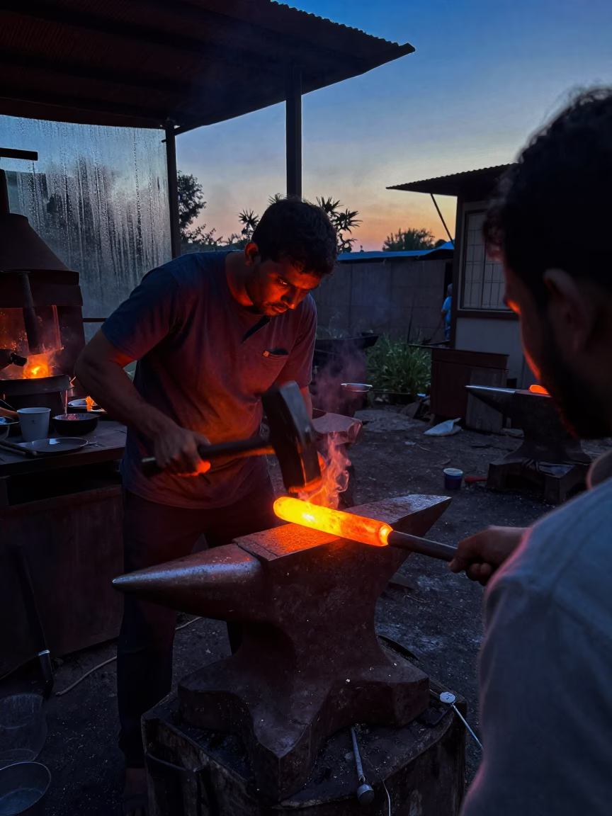 Blacksmith Hammering Glowing Metal in Multan Foundry in in a foundry in Multan
