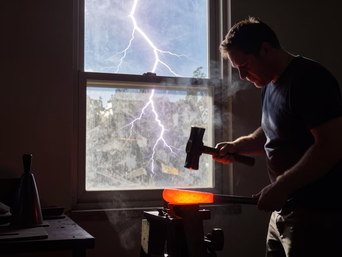 Blacksmith Hammering Lightning in Miami Workshop in in a workshop in Brickell, Miami