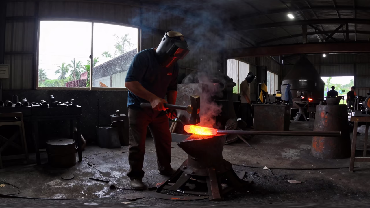 Blacksmith Hammering Red Hot Metal in Foundry in in a foundry in Kota Kinabalu