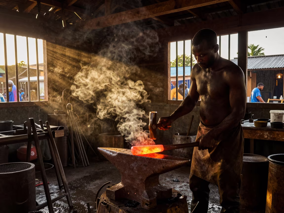 Blacksmith Hammering Red Steel in Douala Market in in a market hall in Douala