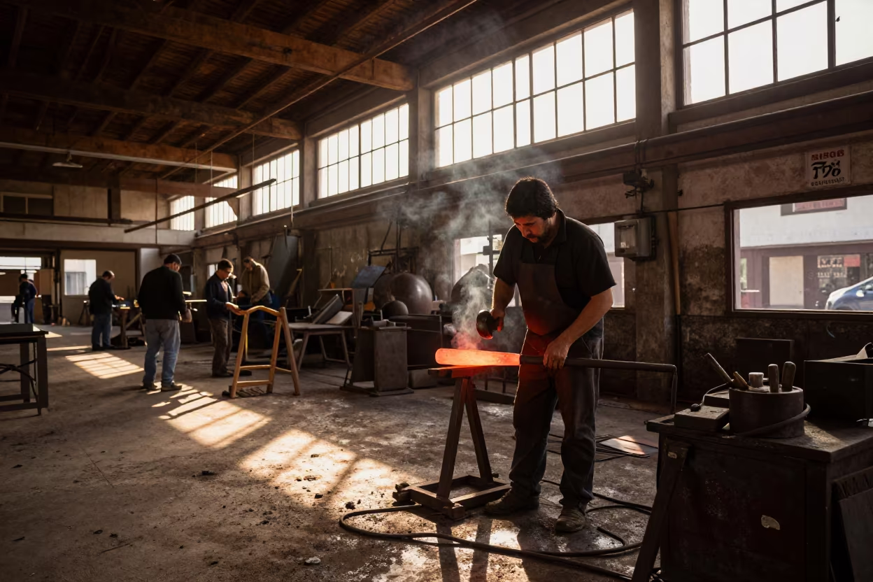 Blacksmith Hammering Red Steel in Santiago Forge in in a foundry in Lastarria, Santiago