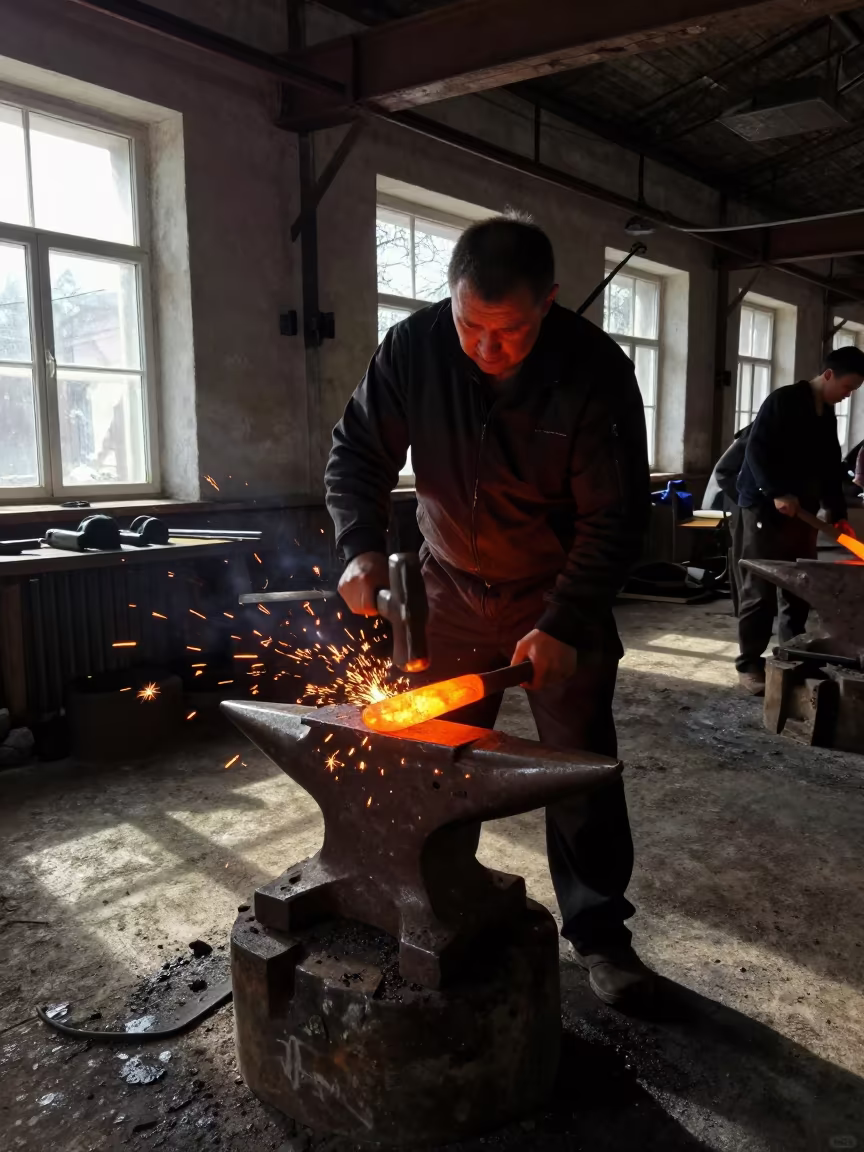 Blacksmith Hammering Steel in St Petersburg Market Hall in in a market hall in St Petersburg