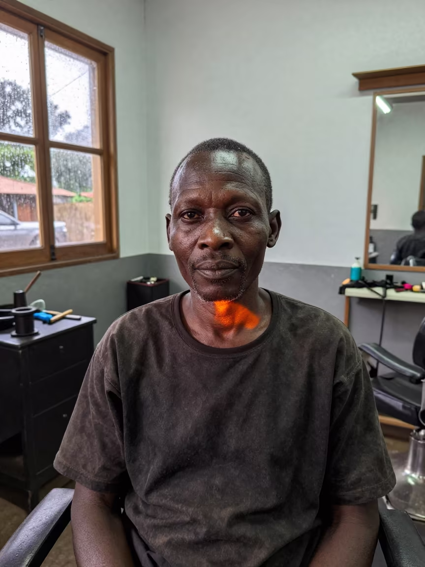 Blacksmith Portrait with Forge Glow in Ndola in inside a small barber shop in Ndola